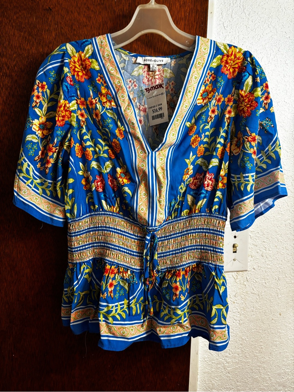 Rose & Olive Royal Blue Floral Peplum Tie-Waist Blouse